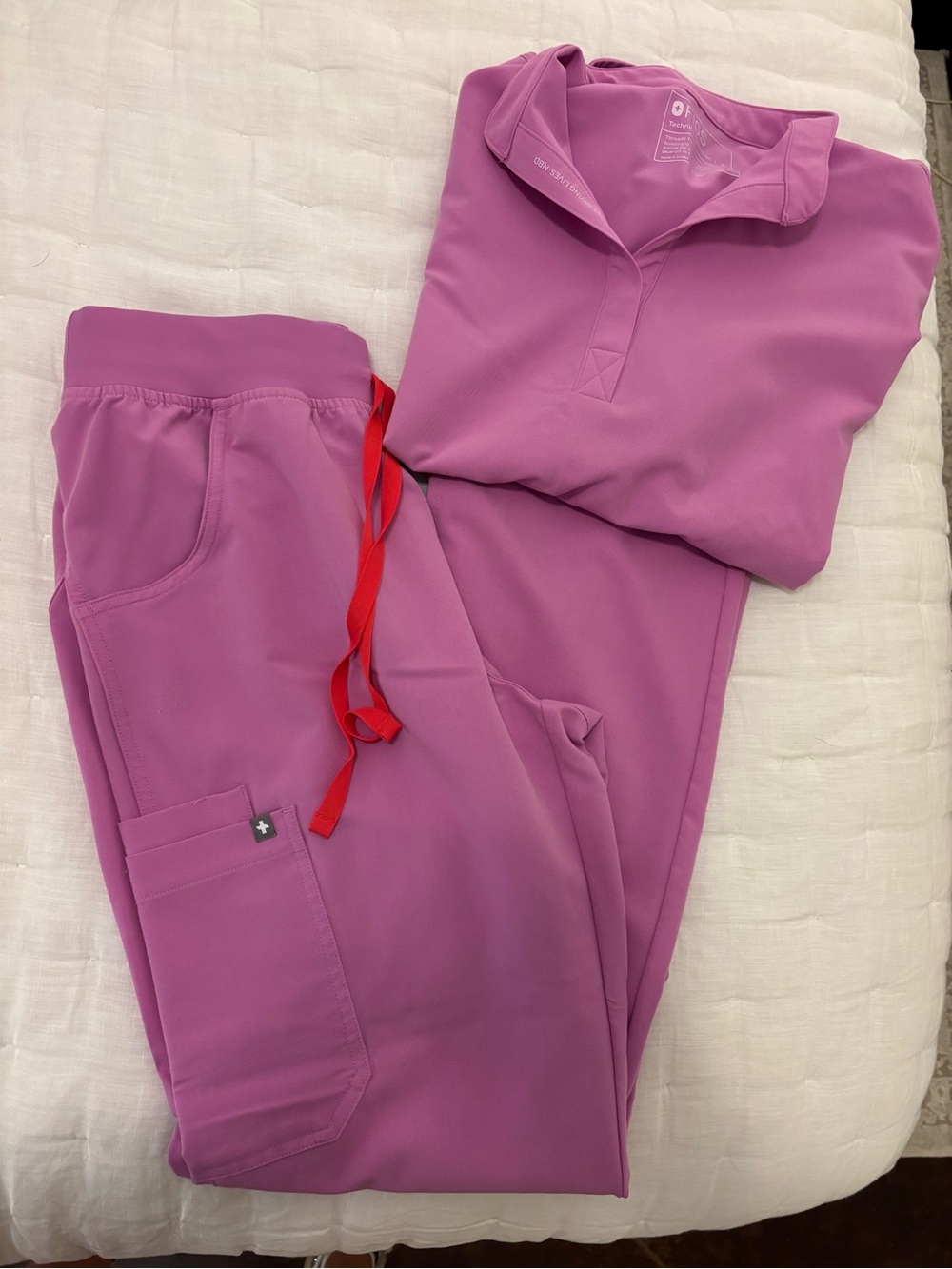 Figs Women's Pink Cargo Jogger Set with Red Drawstring